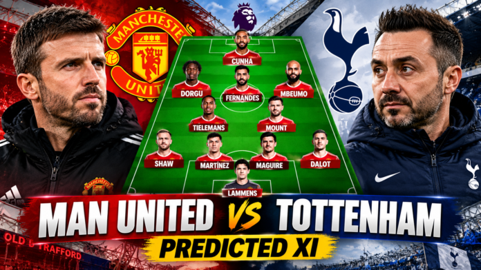 Man United vs Tottenham_ Predicted XI Bruno Fernandes to start? Manchester United's predicted 4-2-3-1 starting lineup against Tottenham Hotspur